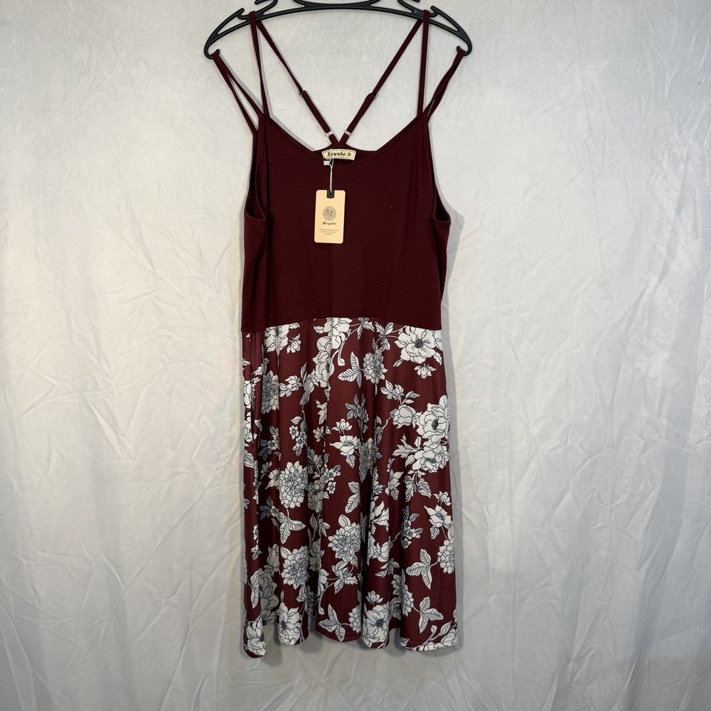 Women's Floral Summer Dress Maroon Pockets Shoulder Straps New Size 2XL